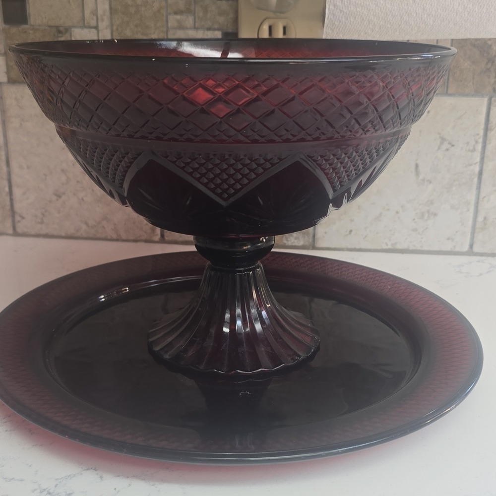 Cristal D Arques France Ruby Red Pedestal Compote Bowl Vintage and platter.